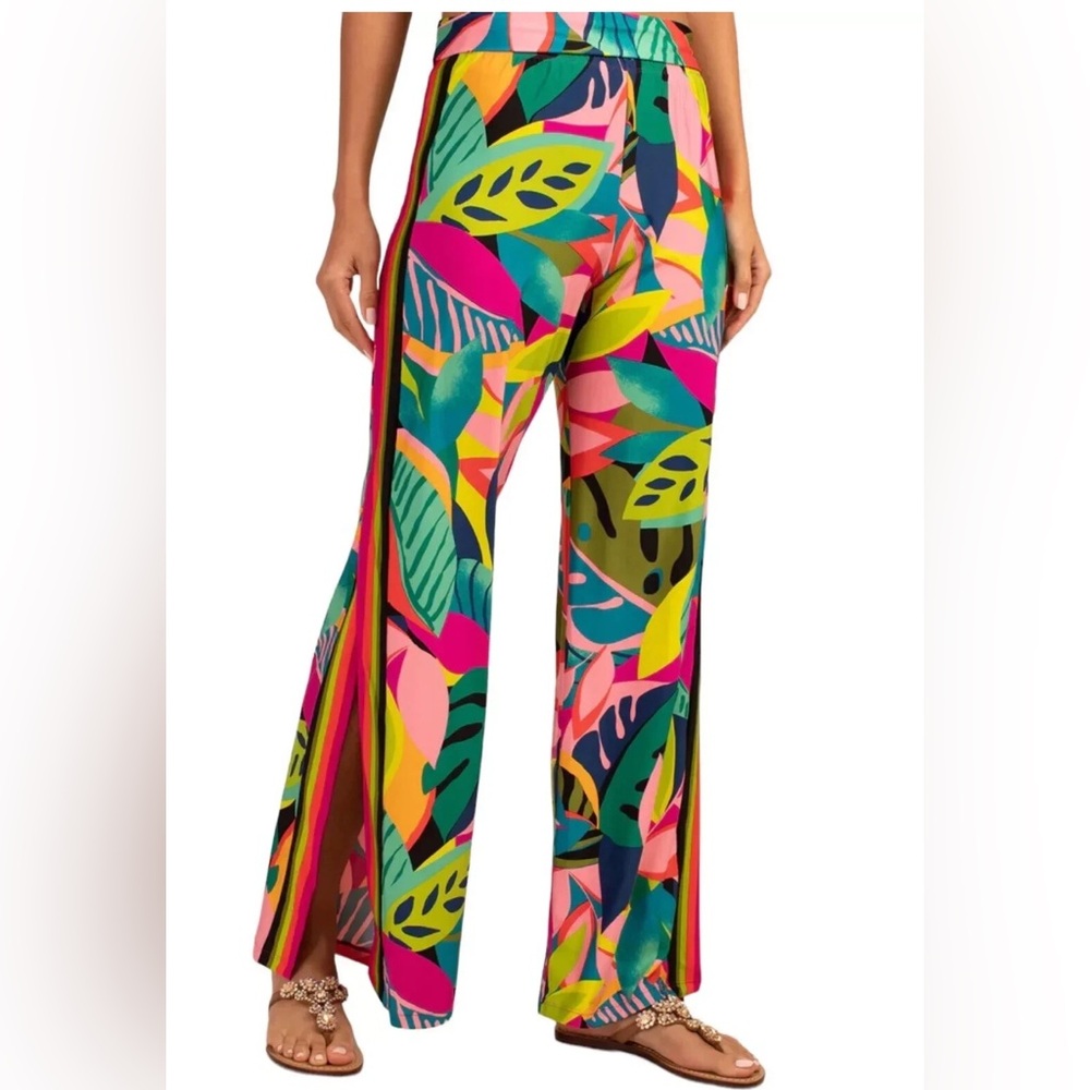 Trina Turk rainforest beach pants vacation cruise wide leg jersey L beach